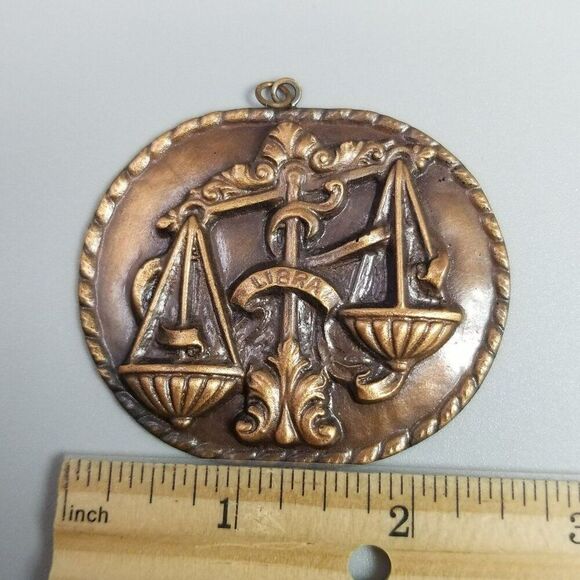 Vintage Large Libra Scales Pendant, Copper Zodiac Sign, Oval Shape, Estate - Picture 5 of 7